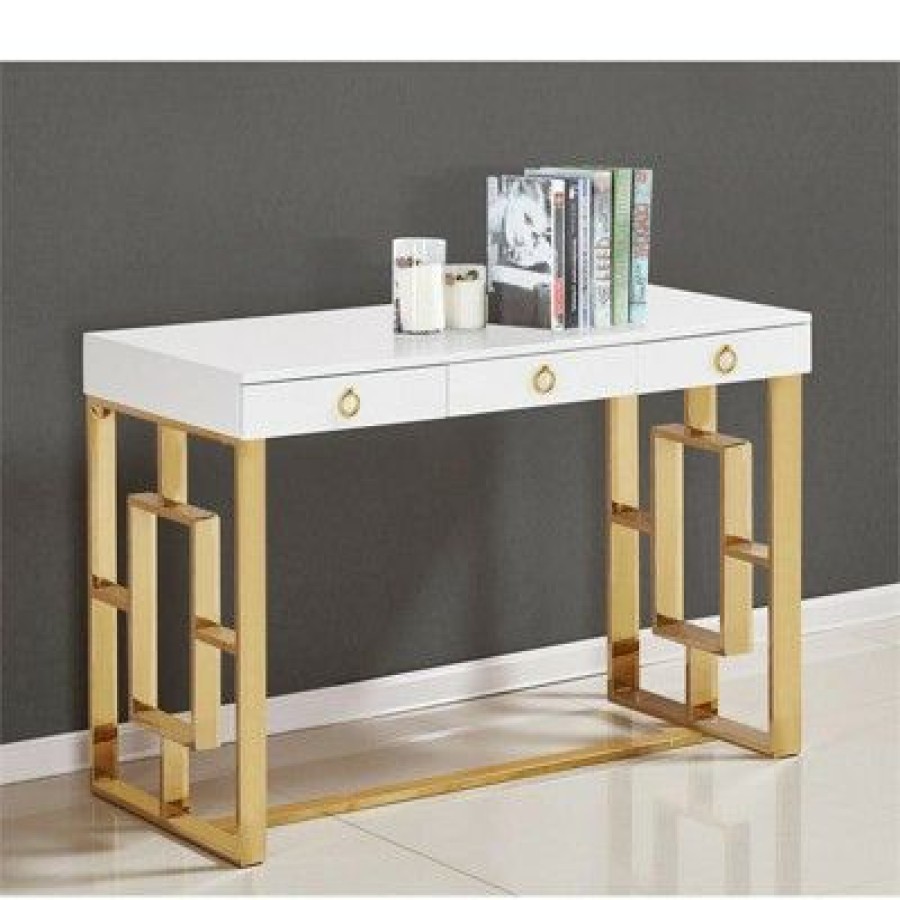 Executive Desks * | Brooks 3-Drawer Wood And Stainless Steel Frame Writing Desk Gold Best Master Furniture